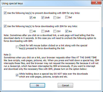 Select key combinations to to prevent or force a download with IDM